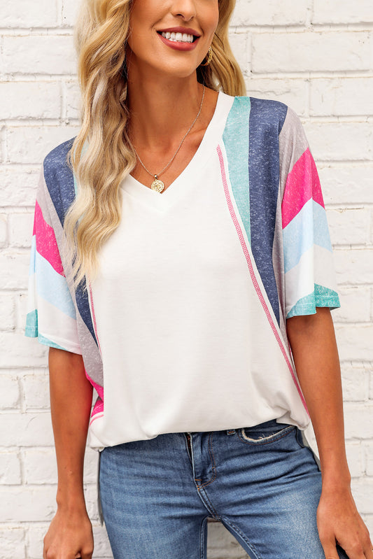 Rainbow Stripe Slit V-Neck Tee