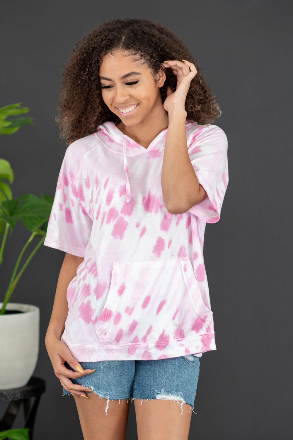 Sew In Love Watching Clouds Full Size Run Tie-Dye Short-Sleeved Hoodie in Neon Pink