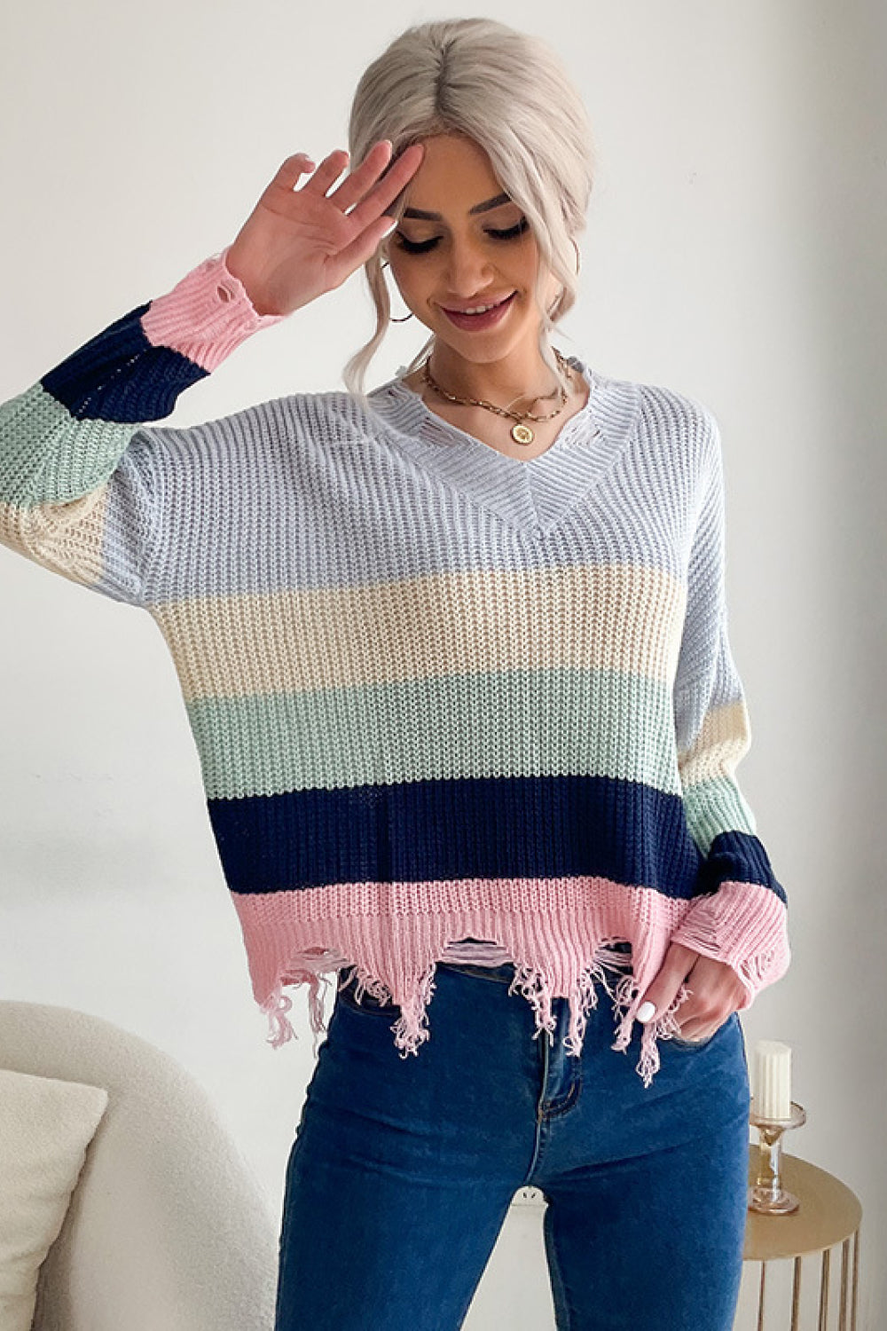 Color Block Distress embroidered Sweater