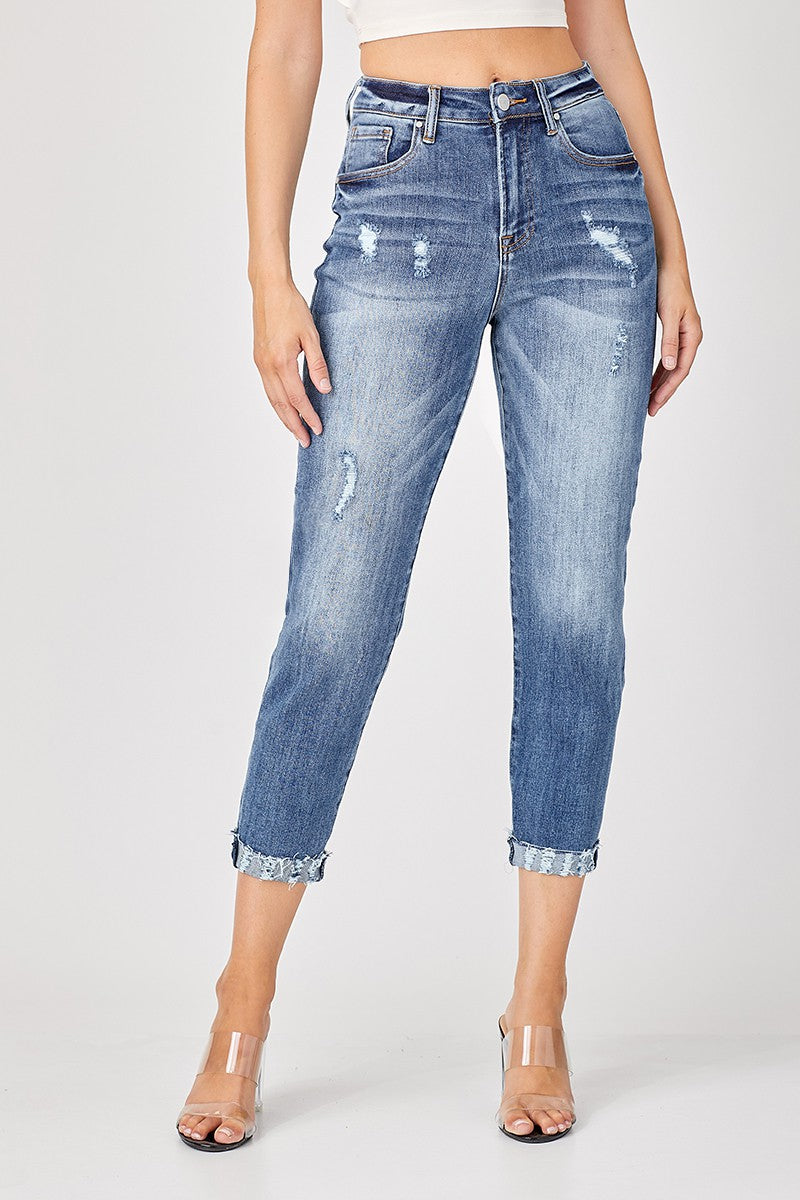 RISEN Distressed High-Rise Boyfriend Jeans in Blue