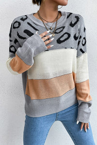 Leopard Color Block Round Neck Sweater