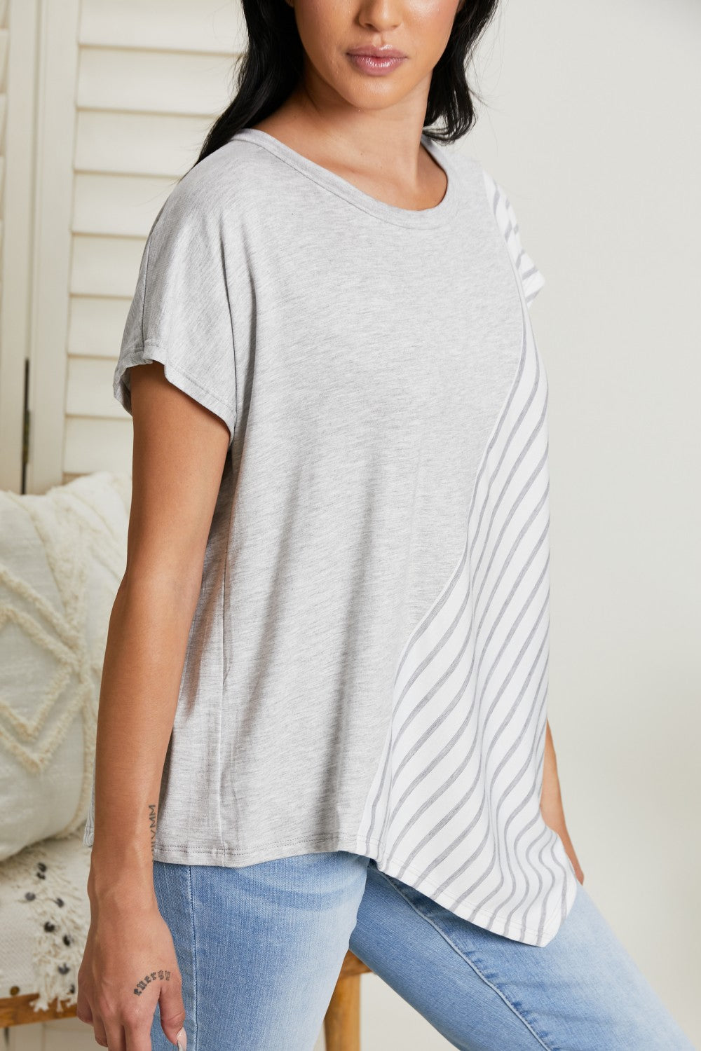 Sew In Love Spoonful of Sugar Full Size Striped Color Block Tee in Grey