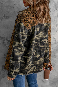 Animal Print Camouflage Raw Hem Denim Jacket