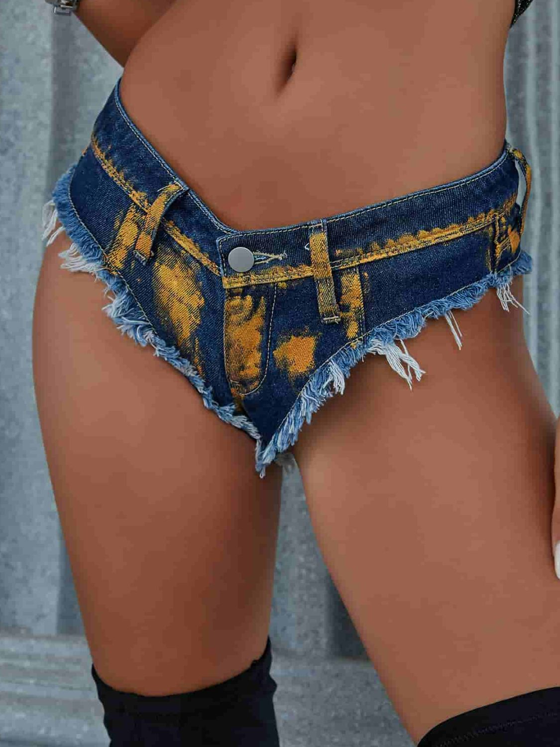 Printed Frayed Hem Micro Denim Shorts