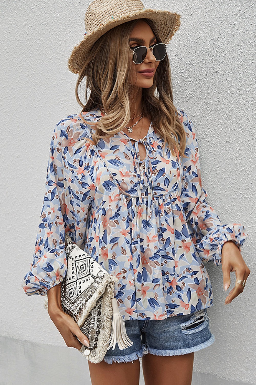 Floral Tie Neck Babydoll Blouse