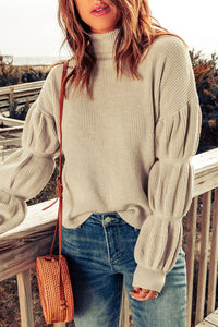 High Neck Bubble Sleeve Rib-Knit Sweater