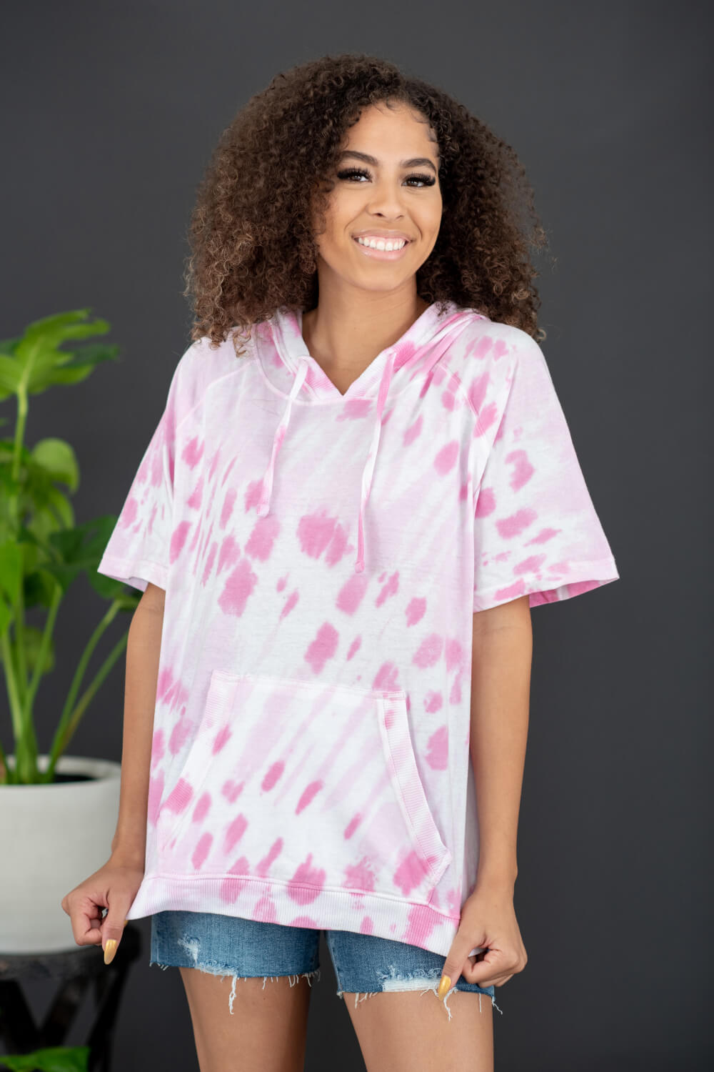 Sew In Love Watching Clouds Full Size Run Tie-Dye Short-Sleeved Hoodie in Neon Pink