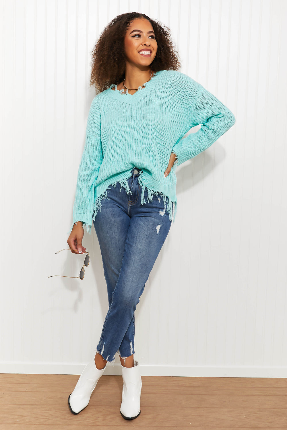 Sew In Love Uptown Girl Full Size Distressed Sweater