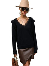 Load image into Gallery viewer, Lace Trim V-Neck Ribbed Trim Sweater
