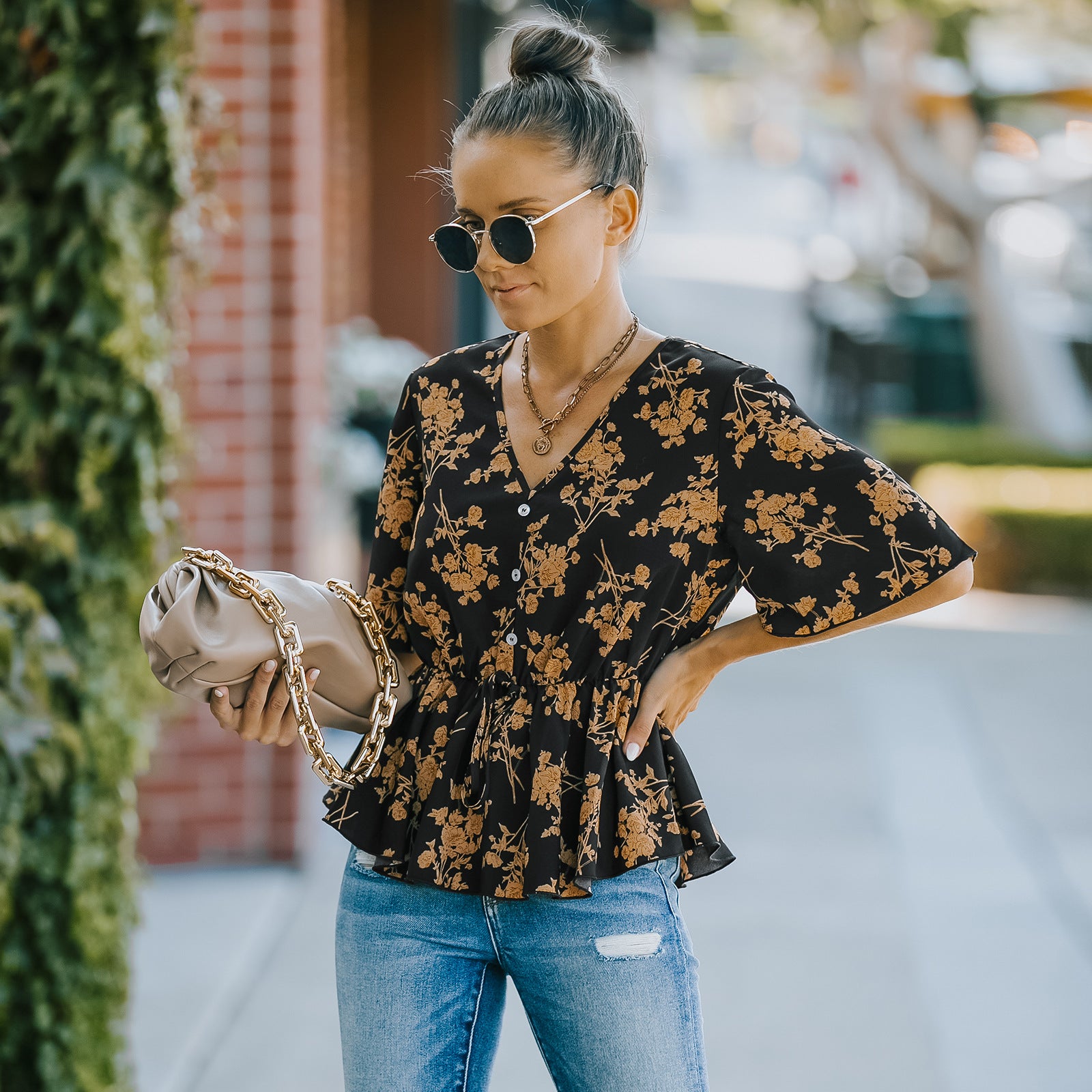 Floral V-Neck Peplum Blouse