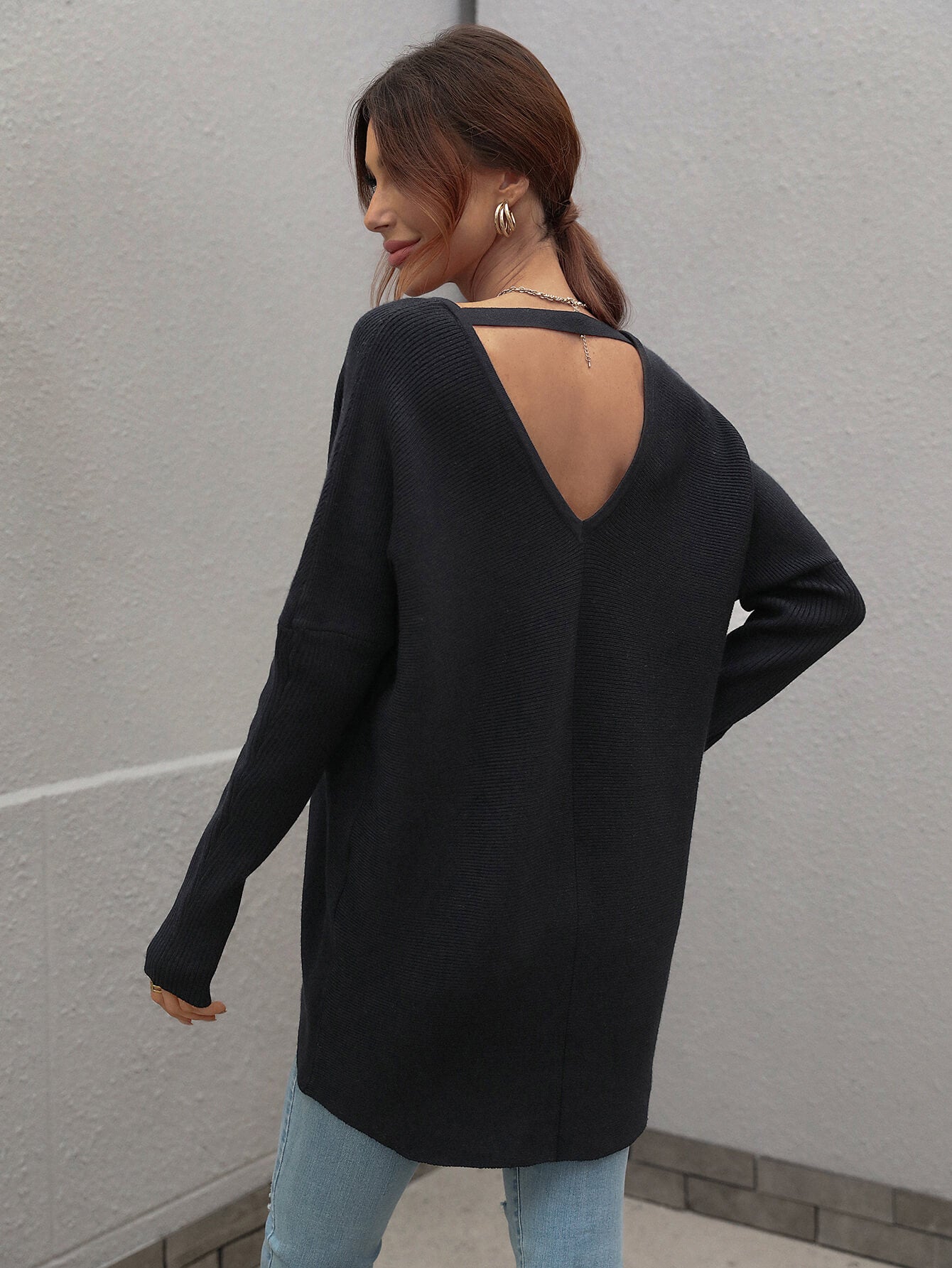 Ribbed V-Neck Open Back Tunic Sweater