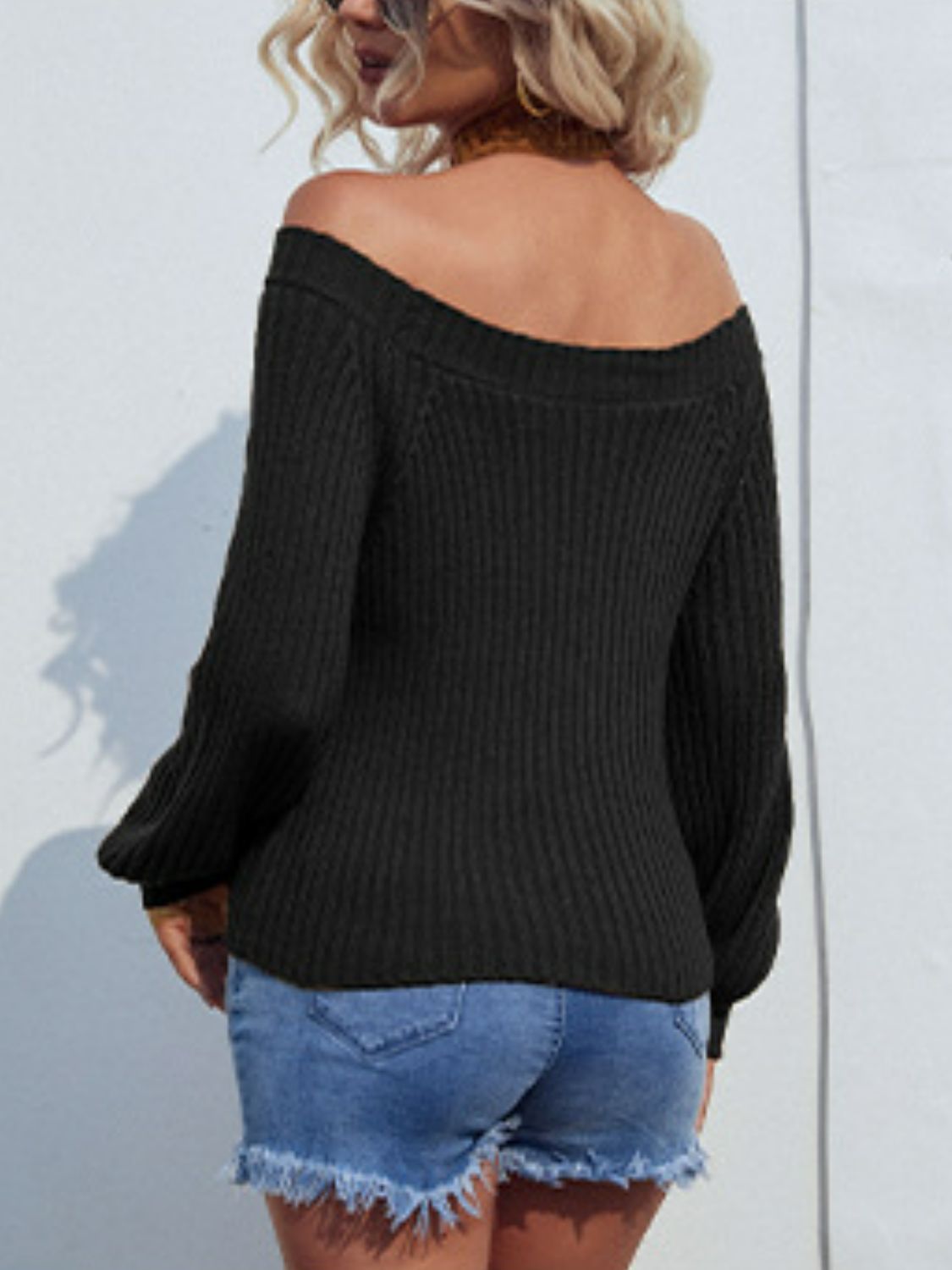 Rib-Knit Halter Neck Lantern Sleeve Sweater