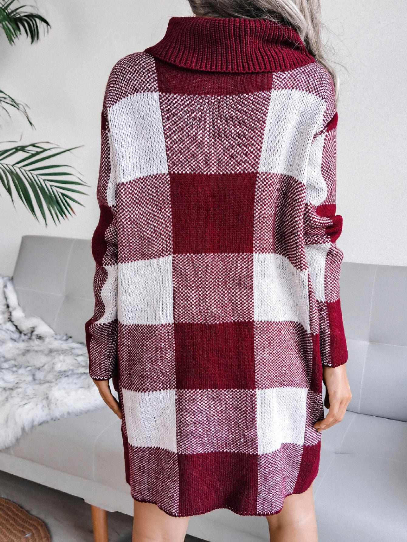 Plaid Funnel Neck Long Sleeve Mini Sweater Dress (Belt Not Included)