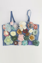 Load image into Gallery viewer, Distressed Denim Bustier with Flower Embellishments
