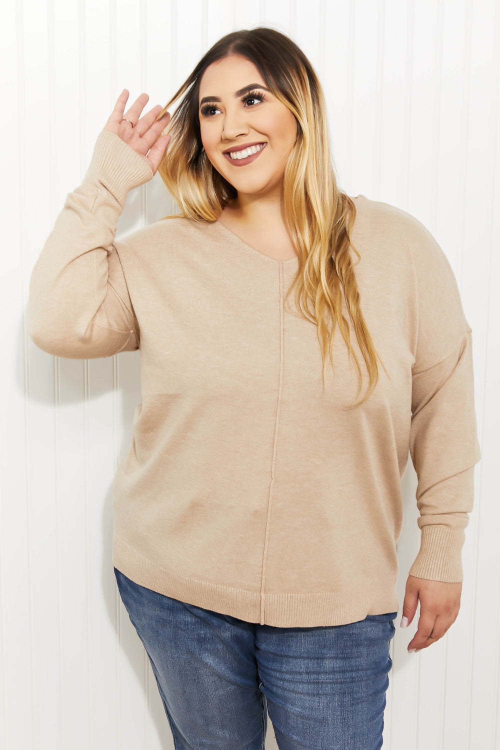 Zenana Hello Fall Full Size Center Seam Sweater in Beige