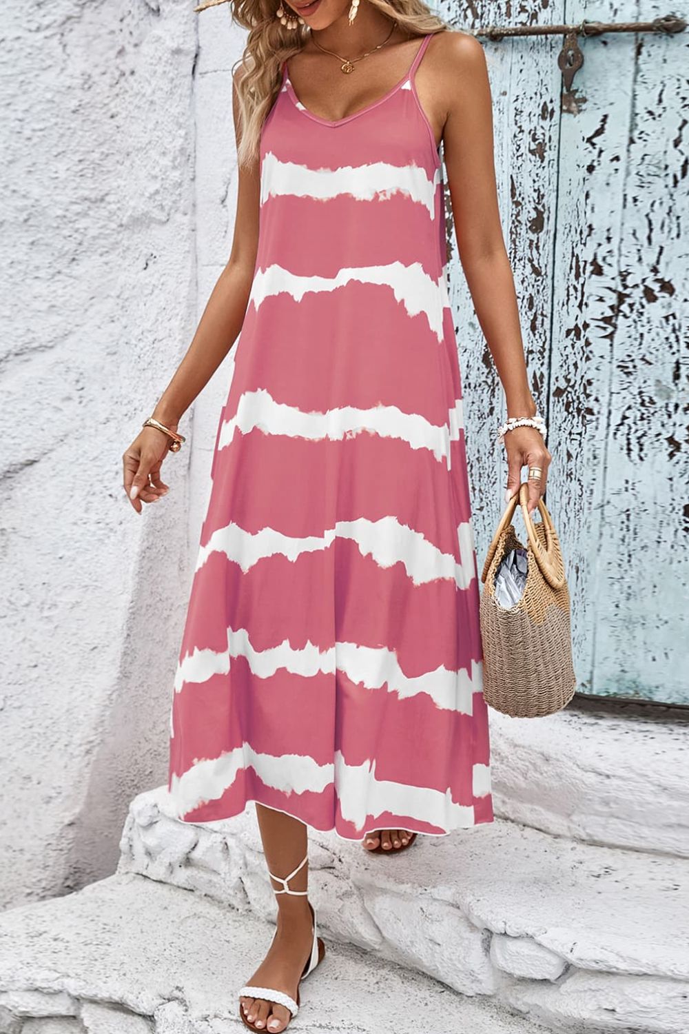 Contrast V-Neck Spaghetti Strap Midi Dress