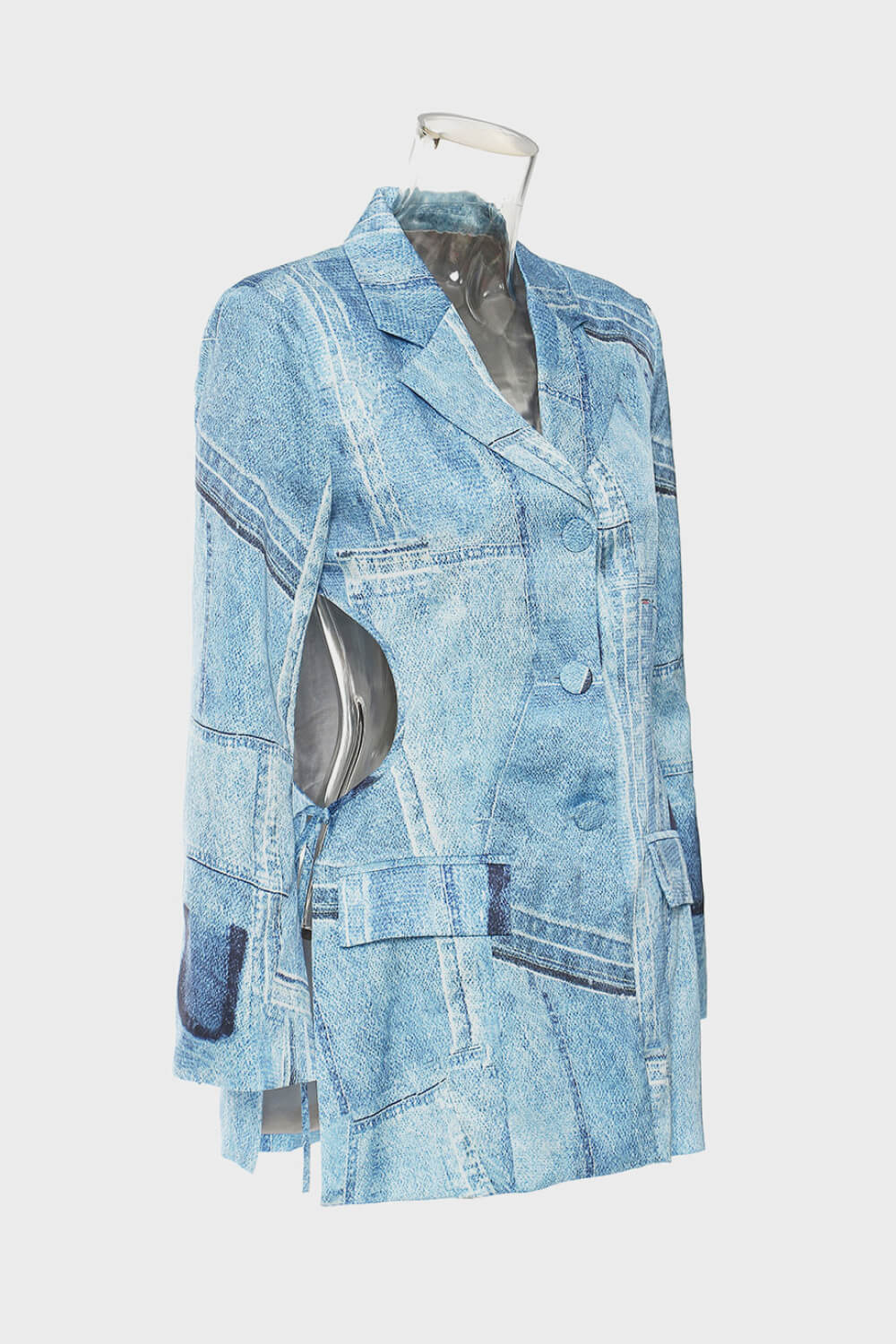 Cutout Single-Breasted Patchwork Denim Blazer