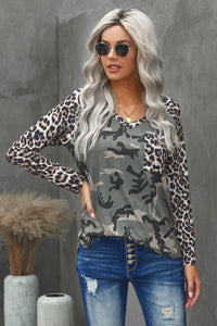 Leopard Camouflage Print V-Neck Long Sleeve Tee