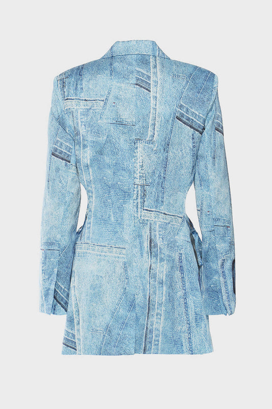 Cutout Single-Breasted Patchwork Denim Blazer