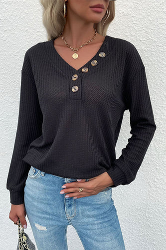 Button Detail Waffle Knit V-Neck Top