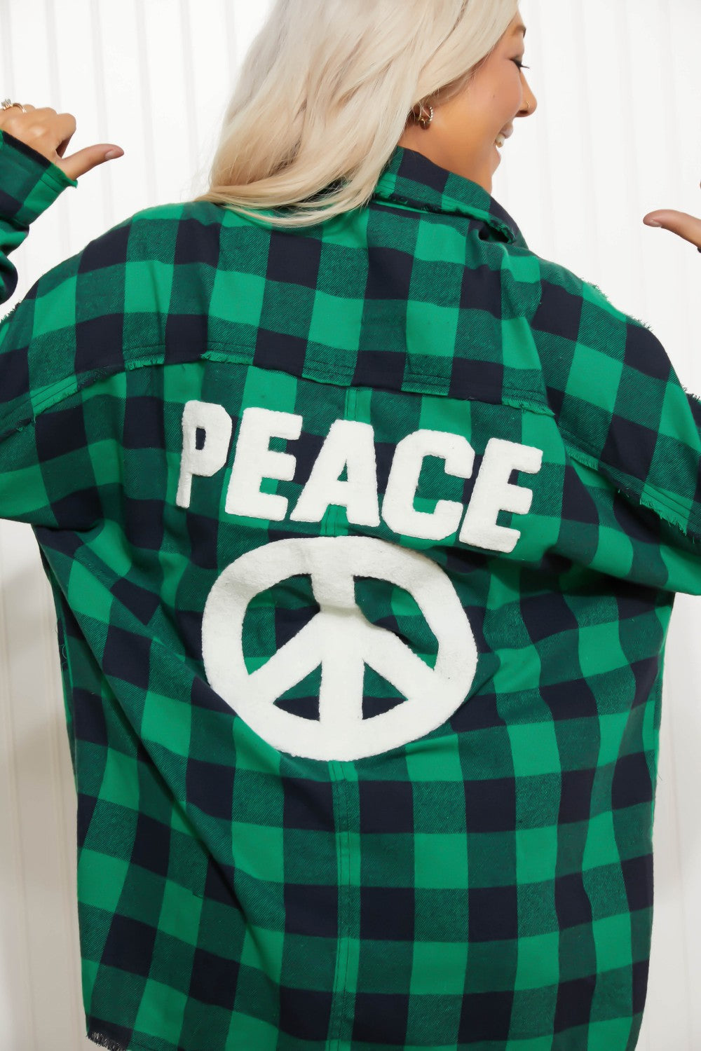 Davi & Dani Peace Sign Full Size Plaid Embroidered Patch Shacket