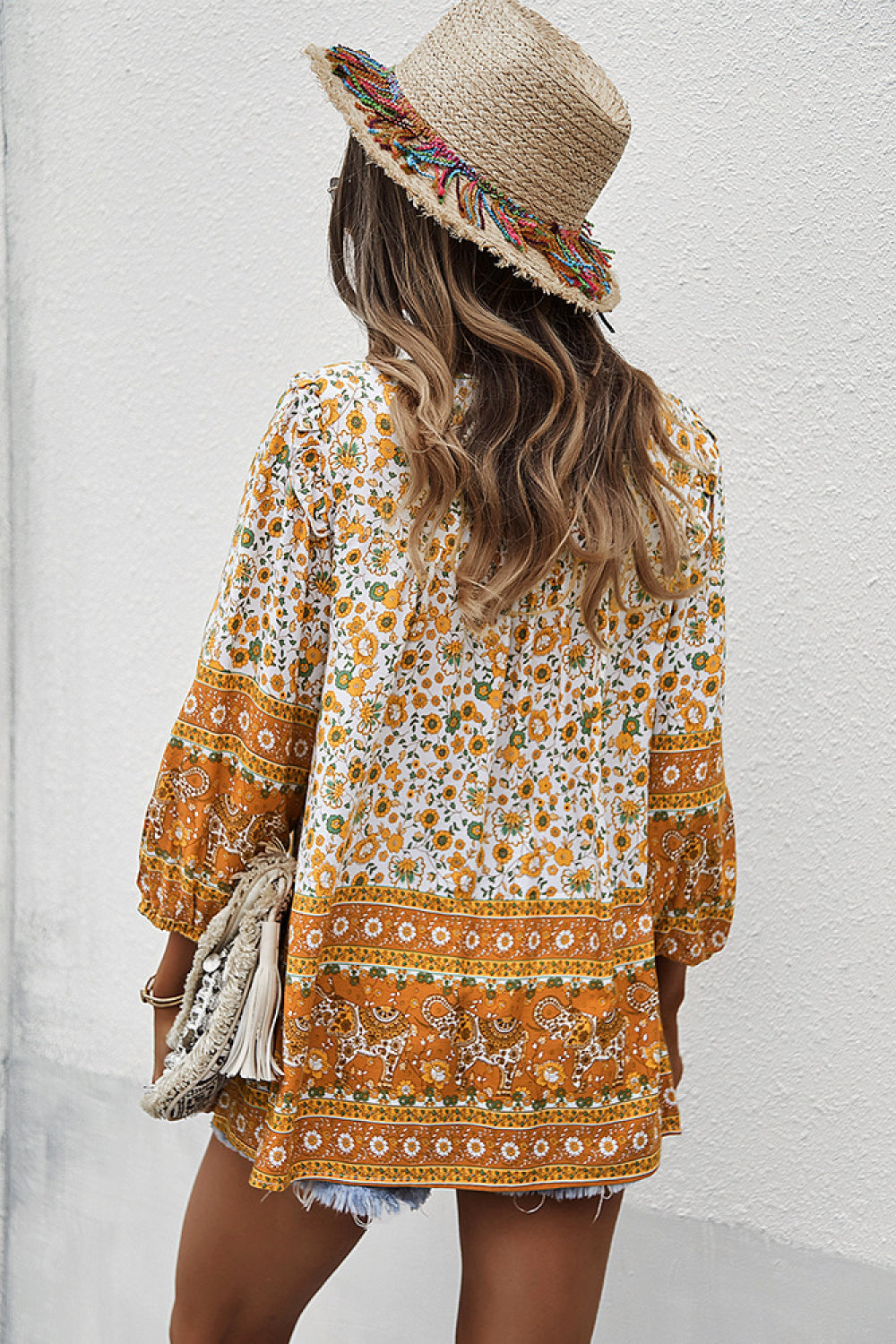 Floral Contrast Print Tie Neck Blouse