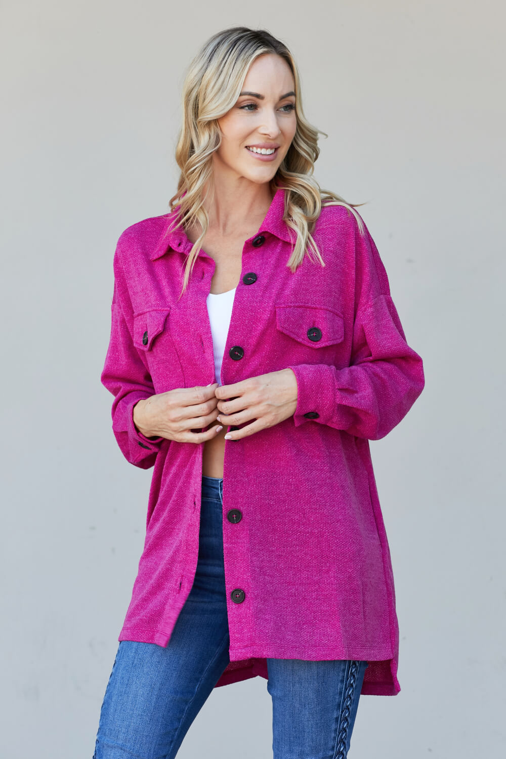 Zenana Full Size Jacquard Shacket in Magenta