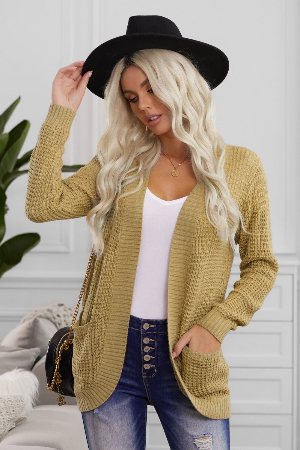 Open Front Curved Knit Cardigan Sweater