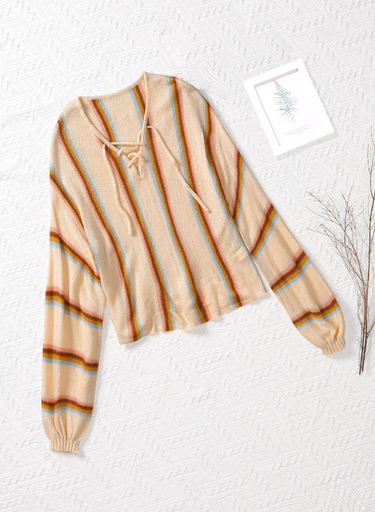 Striped Lace-Up Knit Top