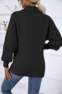 Horizontal-Ribbing Balloon Sleeve Collared Pullover