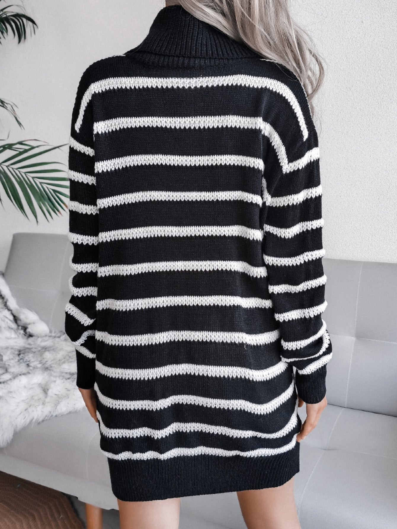 Stripped Ribbed Trim Long Sleeve Mini Sweater Dress (Belt Not Included)