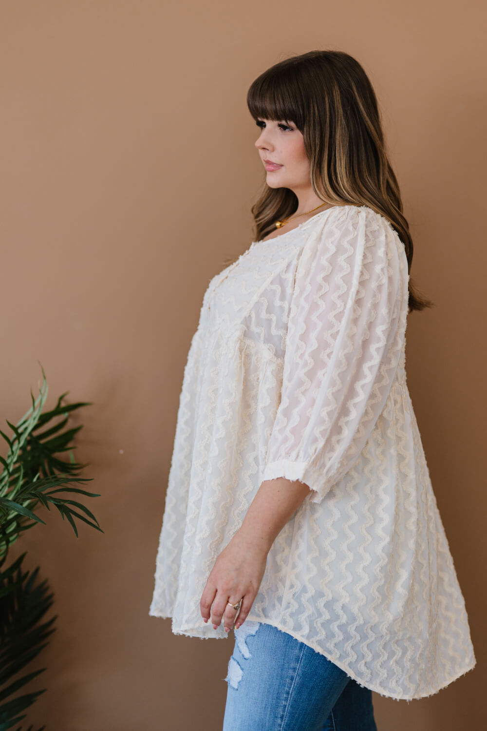 Davi & Dani Wave Hello Full Size Run Textured Babydoll Blouse