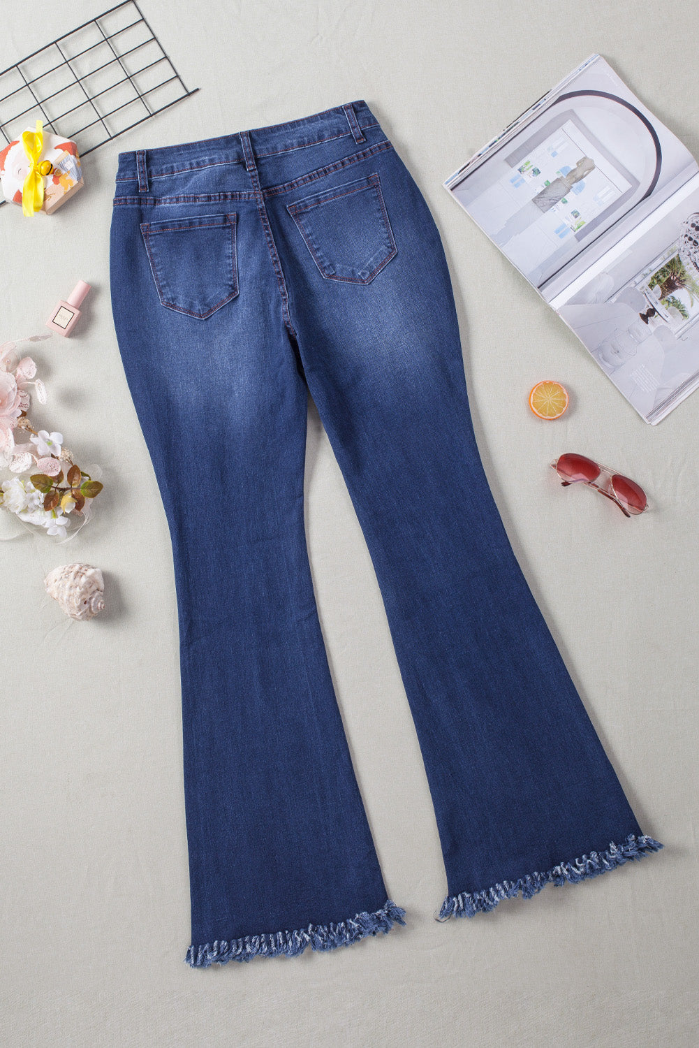 Button Fly Frayed Hem Flare Jeans