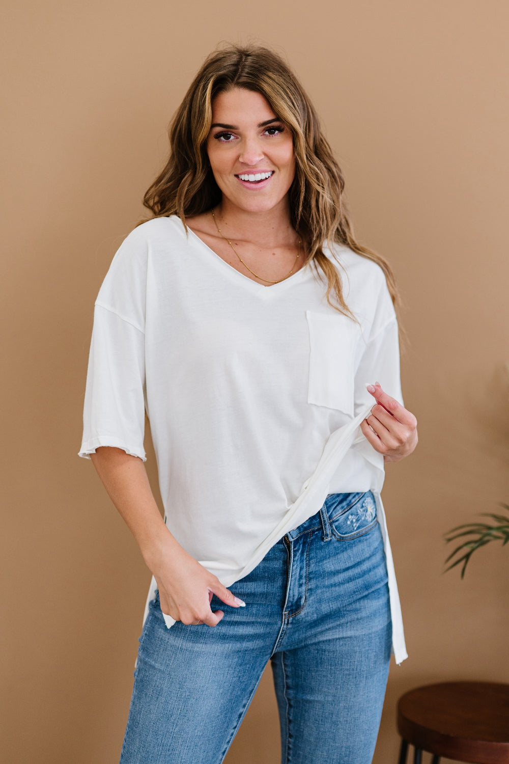 Zenana All-Nighter Full Size Run High-Low V-Neck Tee in Ivory