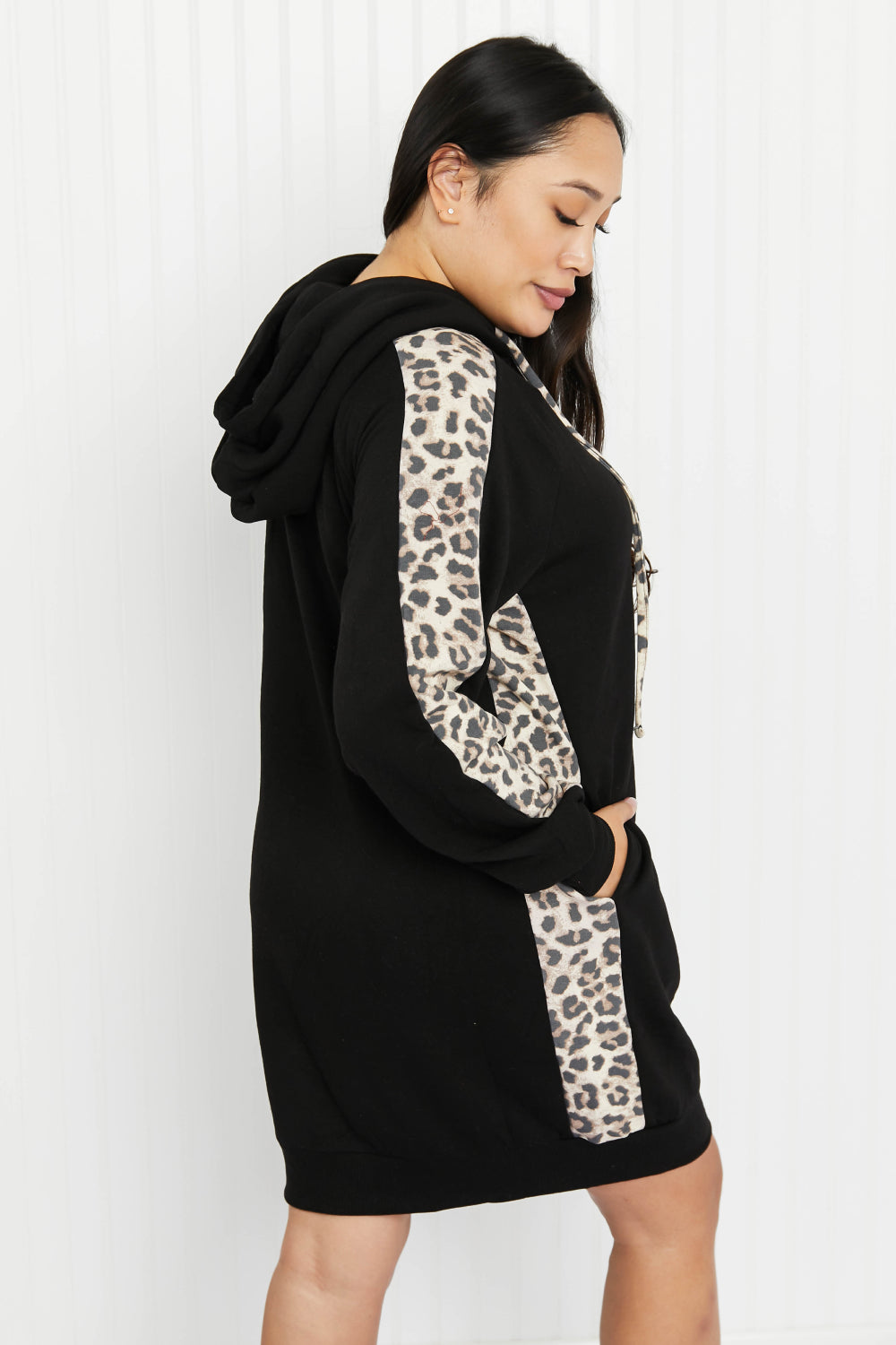 Zenana Cocoa For Two Full Size Leopard Panel Hoodie Dress