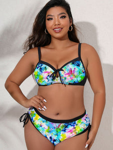 Plus Size Tie-Dye Tied Contrast Trim Bikini Set