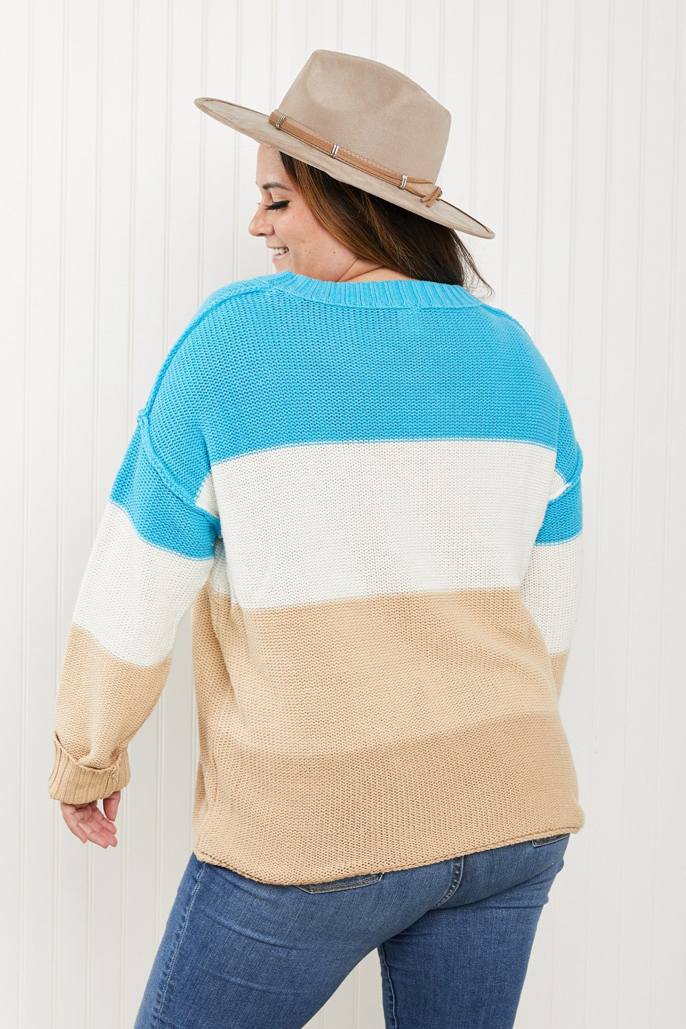 Sew In Love Full Size Color Block Exposed Seam Sweater