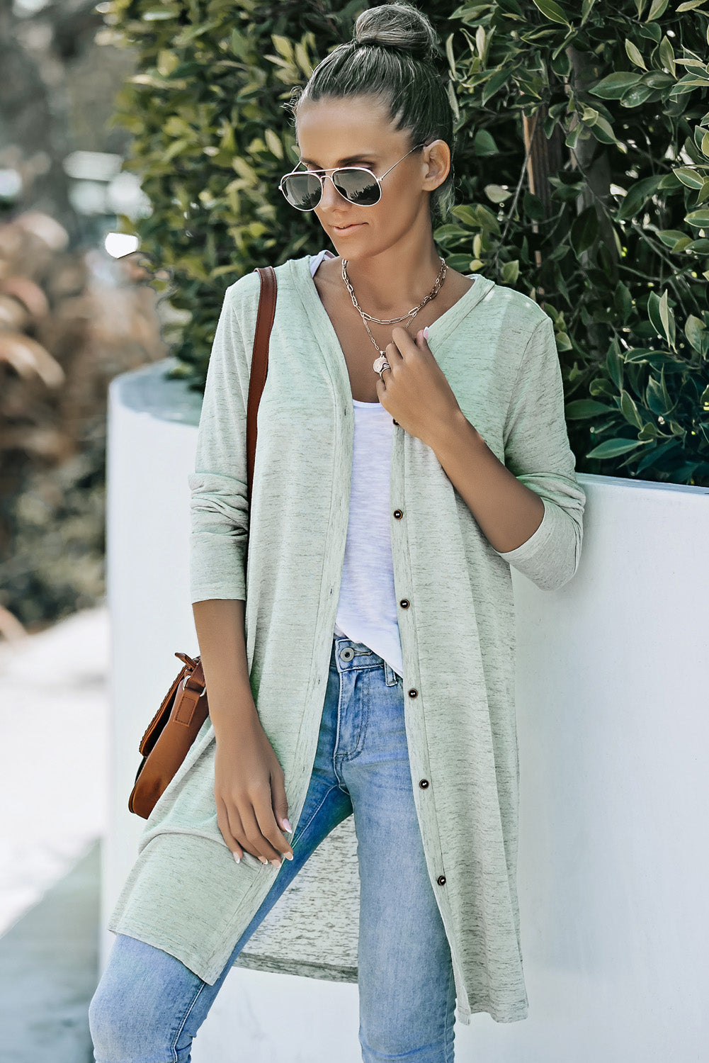 Button Down V-Neck Longline Cardigan