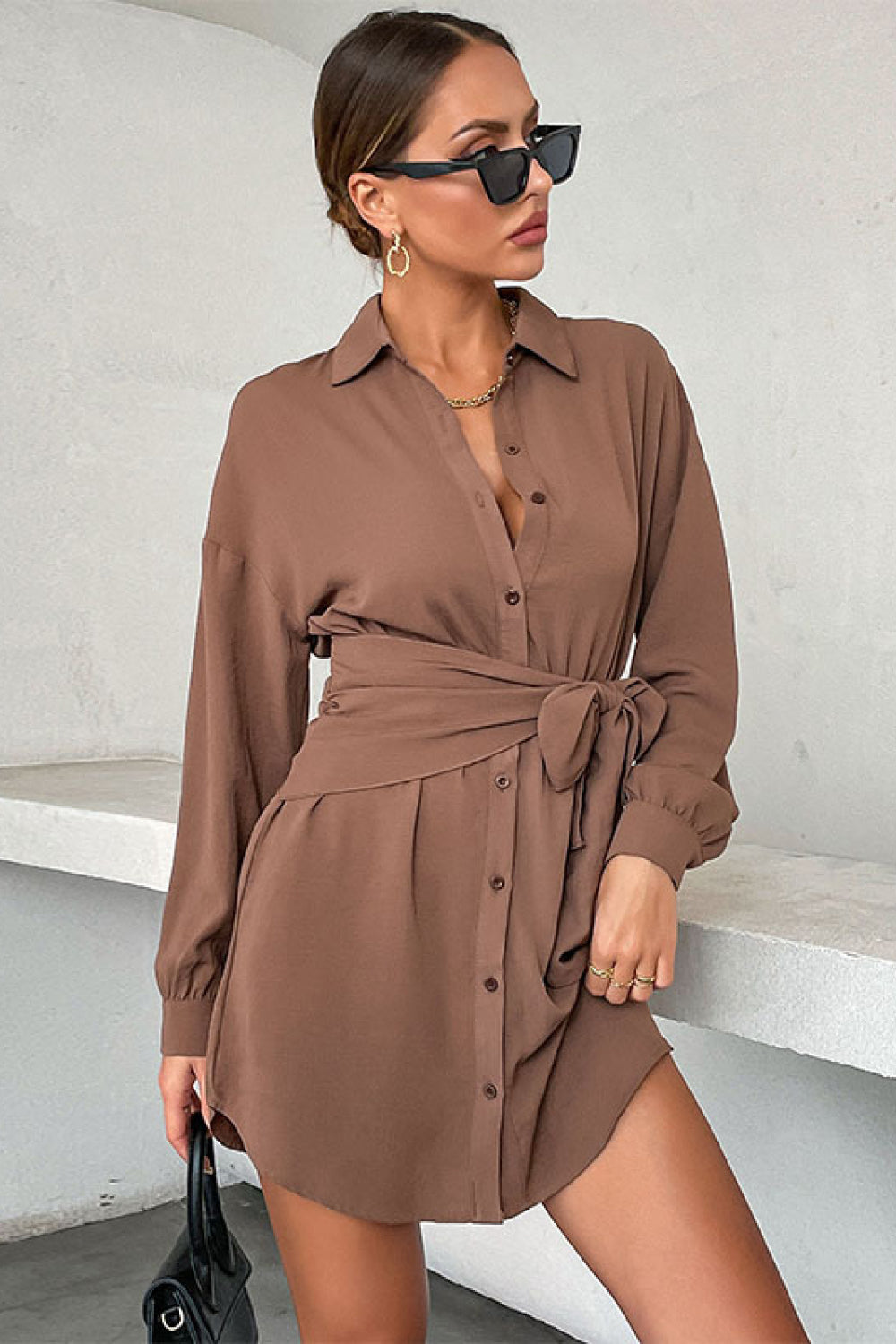 Button Down Tie Waist Mini Shirt Dress