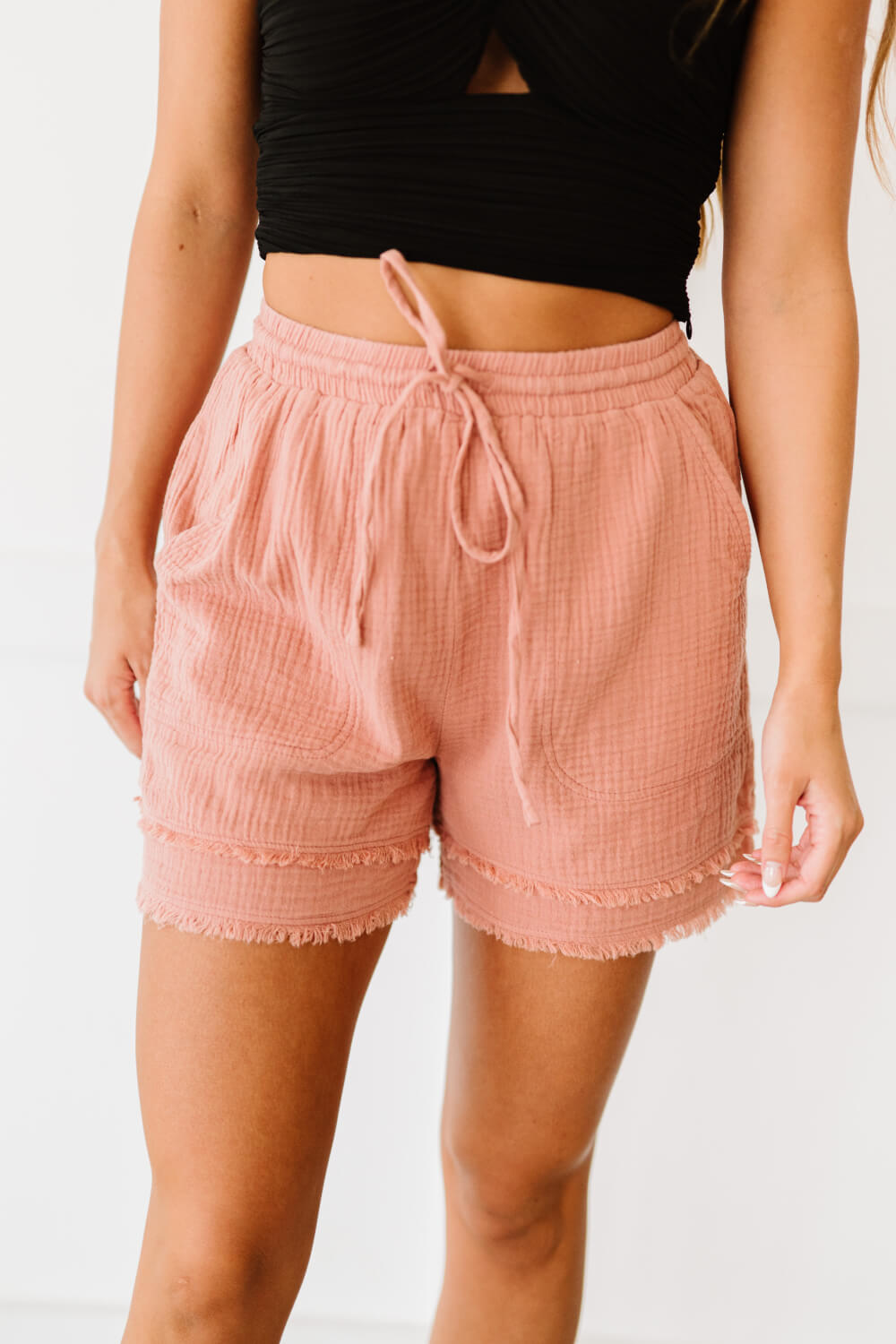 Cotton Bleu Kiss and Make Up Full Size Frayed Hem Shorts in Mauve