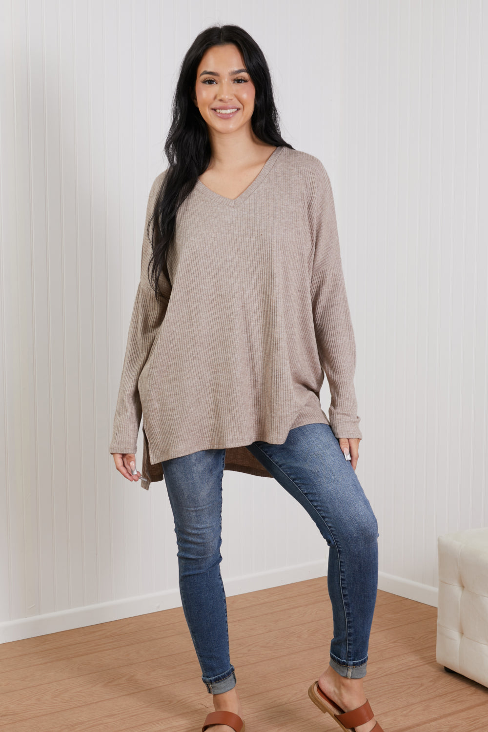 Zenana Sippin' Hot Cocoa Full Size Ribbed High-Low Sweater