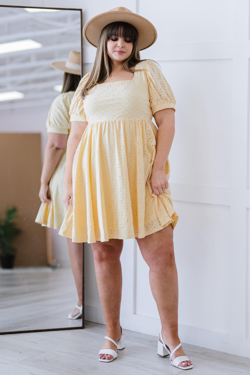 Davi & Dani All About Eyelet Full Size Run Dress in Baby Yellow