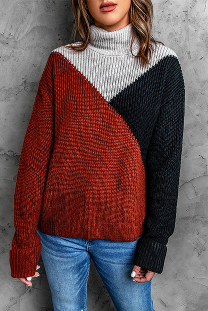 Tricolor Color Block Turtleneck Sweater