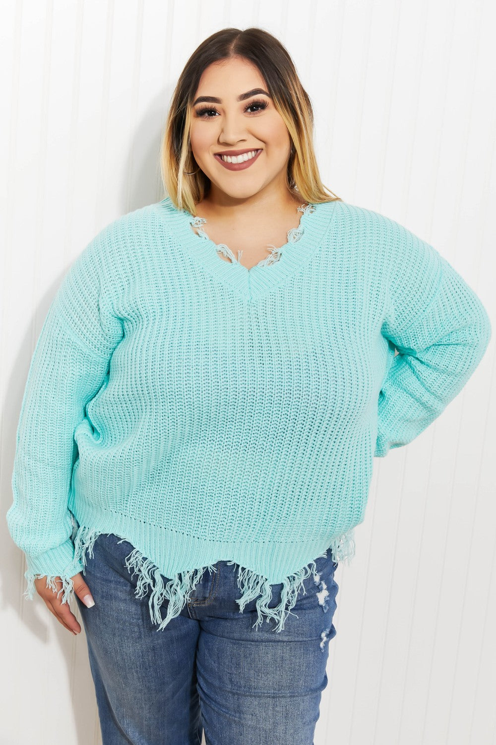 Sew In Love Uptown Girl Full Size Distressed Sweater