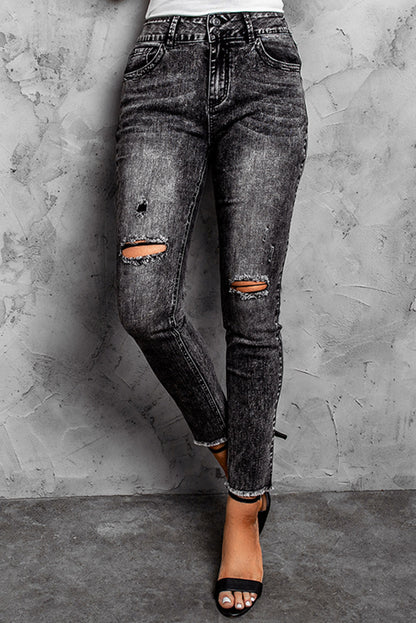 Acid Wash Raw Hem Distressed Jeans