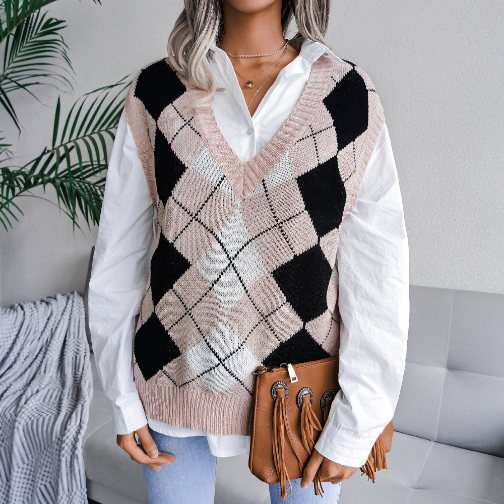 Argyle Ribbed Trim Sweater Vest