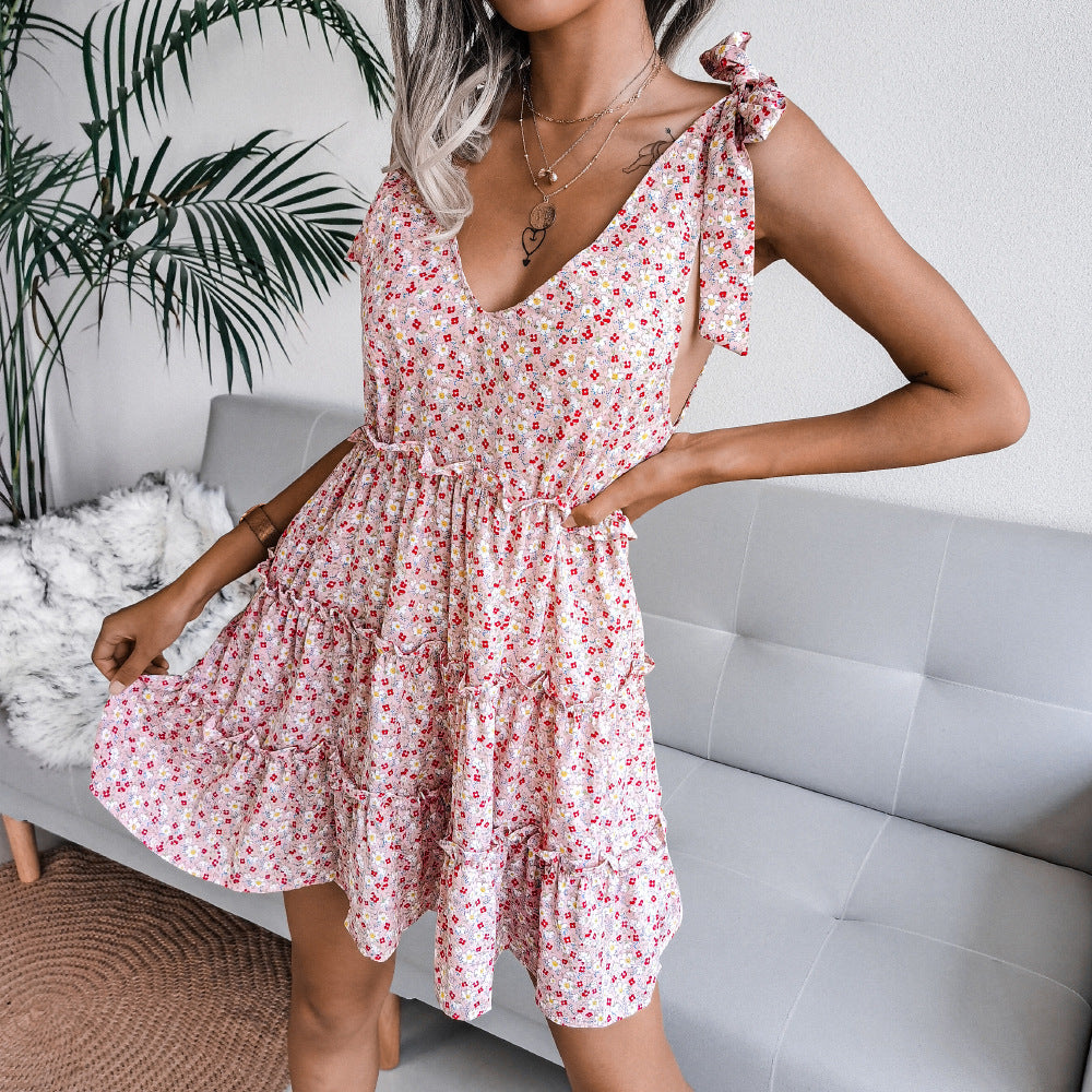 Floral Tie Shoulder Tiered Mini Dress