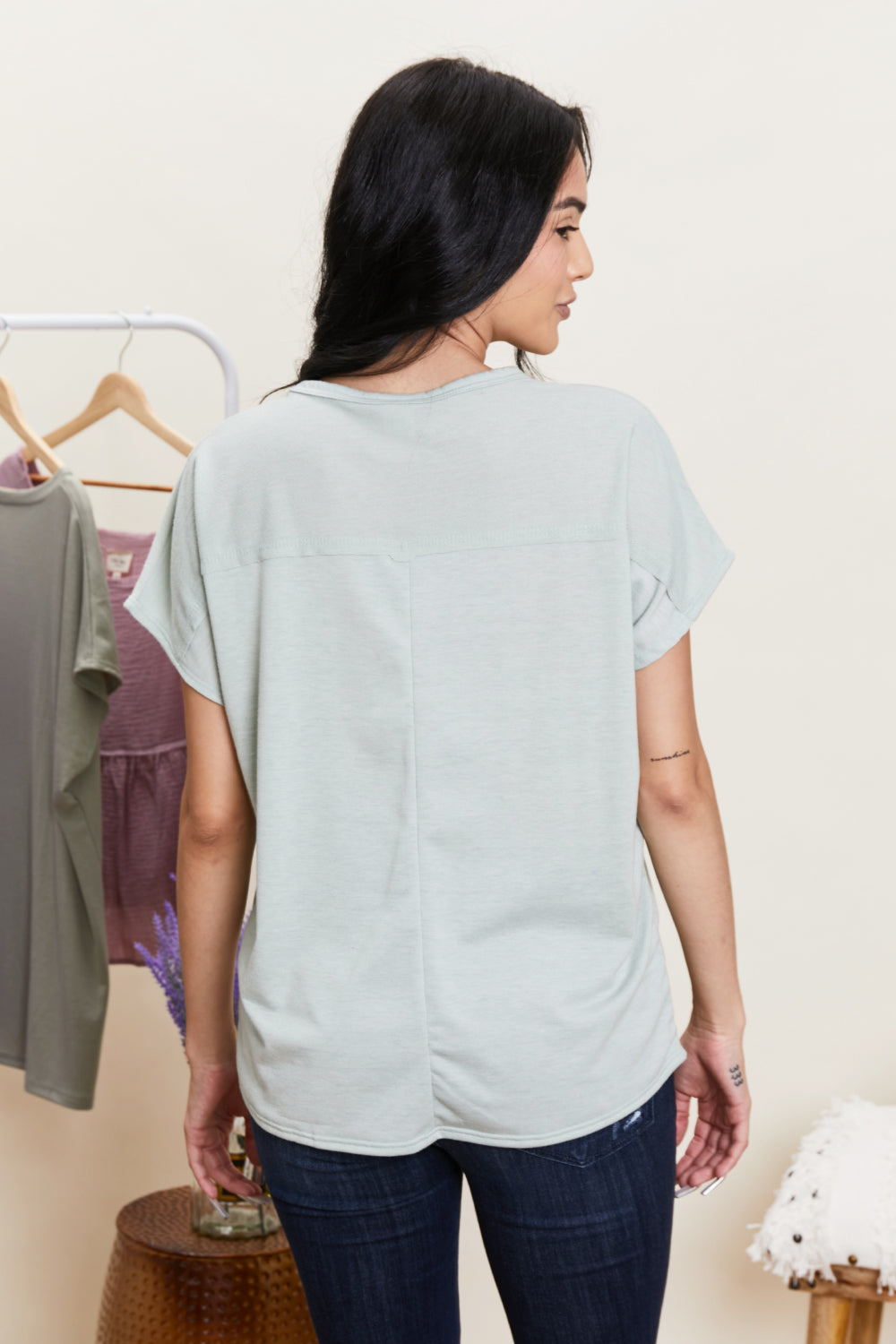 Sew In Love Stay and Chat Love Full Size Pocket Tee in Sage