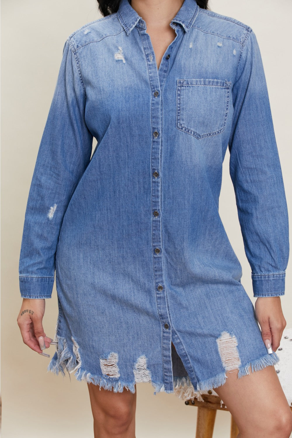 SneakPeek Retro Vibes Distressed Denim Shirt Dress