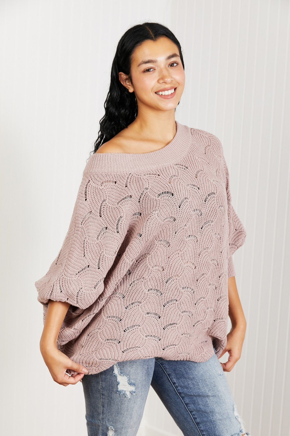 Sweet Lovely by Jen Drift Away Full Size Scallop Sweater